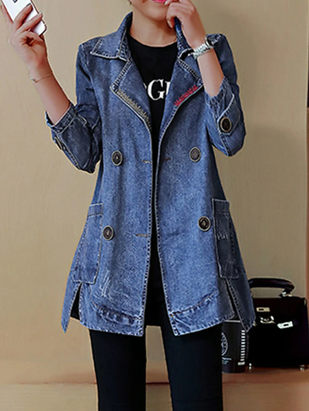 Lapel Collar Plain Casual Denim Jacket, Deep blue, Jackets
