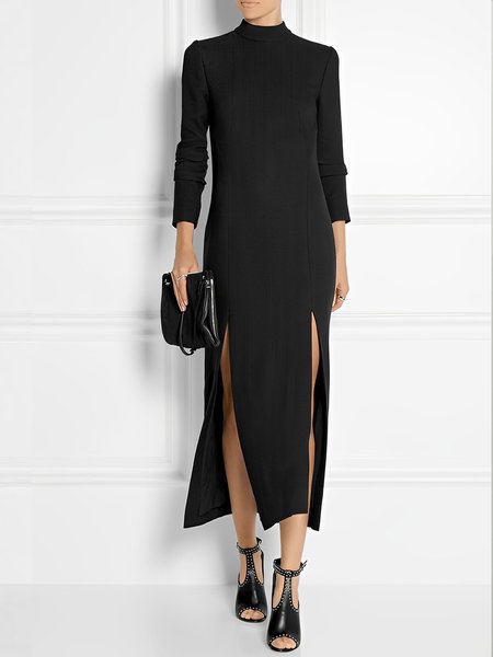 

Elegant Stand Collar Regular Fit Plain Split Dress, Black, Maxi Dresses