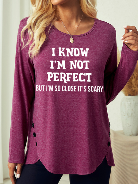 

Women's I Know I'm Not Perfect But I'm So Close It's Scary Text Letters Regular Fit Casual Shirt, Wine red, Long sleeves