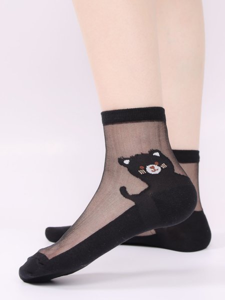 1 Pair Cartoon Animal Graphic Mesh Socks, Black, Socks