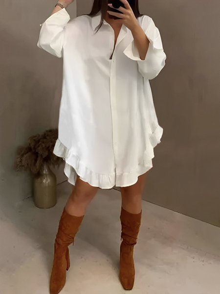 

Long sleeve Shirt Collar Plain Urban Regular Fit Dress, White, Midi Dresses