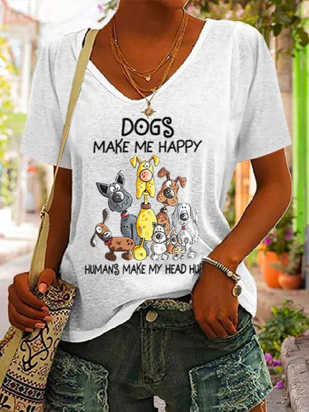 

Animal Casual V Neck Loose Dogs Make Me Happy Print Women's T-shirt, White, T-Shirts