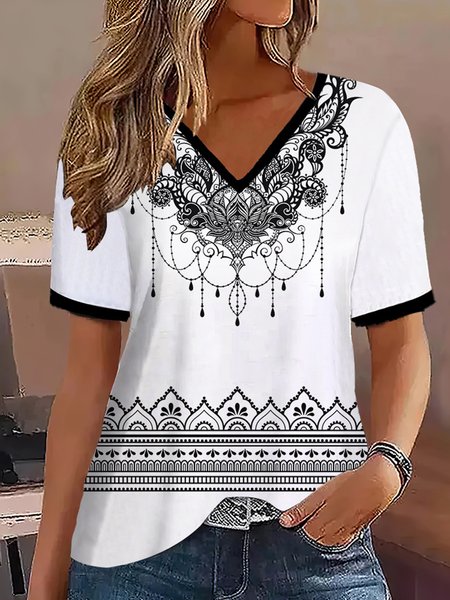 

Casual Geometric V Neck T-Shirt, White, T-Shirts