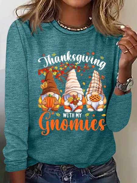 

Women's Gnomes Happy Thanksgiving Autumn Fall Casual Shirt, Green, Long sleeves