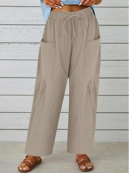 

Plain Cotton Casual Loose Pants, Khaki, Pants