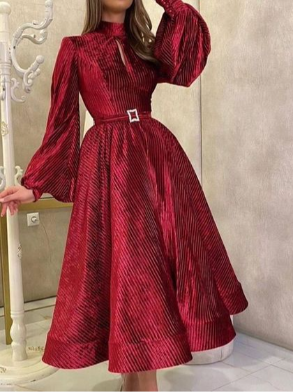 

Elegant Lantern Sleeve Regular Fit Dress, Red, Midi Dresses