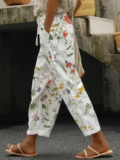 

Floral Loose Casual Pants, White, Pants