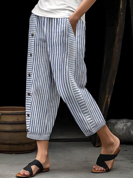 

Loose Casual Striped Pants, Blue, Pants