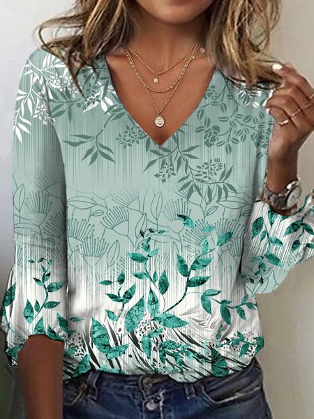

Floral Casual Loose Flare Sleeve T-Shirt, Green, T-Shirts