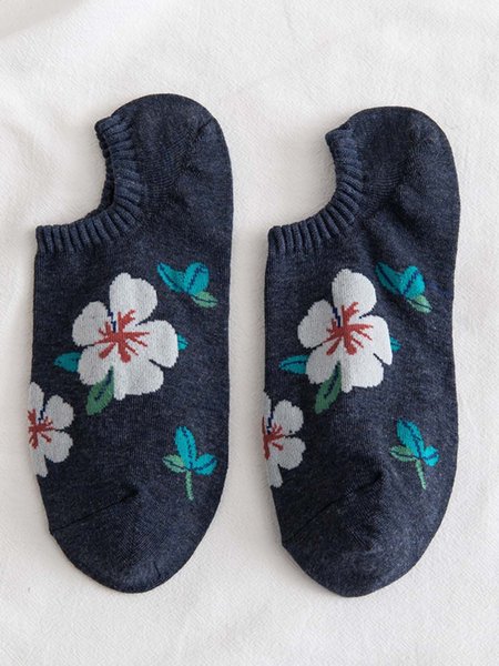 

1pairs Women Floral Pattern Fashionable Ankle Socks, Navy blue, Socks