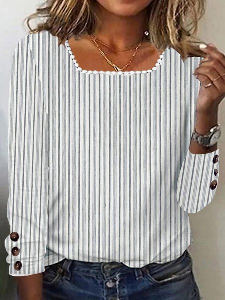 

Women Striped Square Neck Casual Long Sleeve T-shirt, Gray, Long Sleeves
