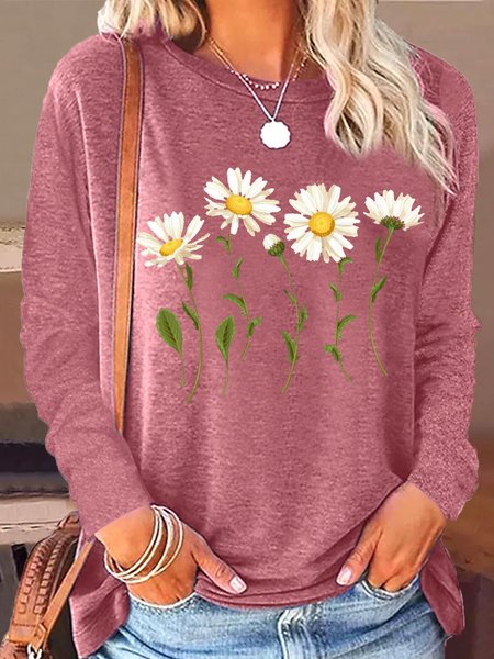 

Women's Daisy Flower Crew Neck Casual Shirt, Pink, Long sleeves