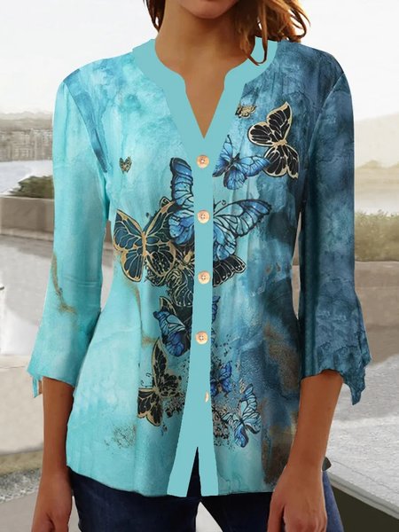 

Casual Loose Butterfly V Neck Blouse, Blue, Shirts & Blouses