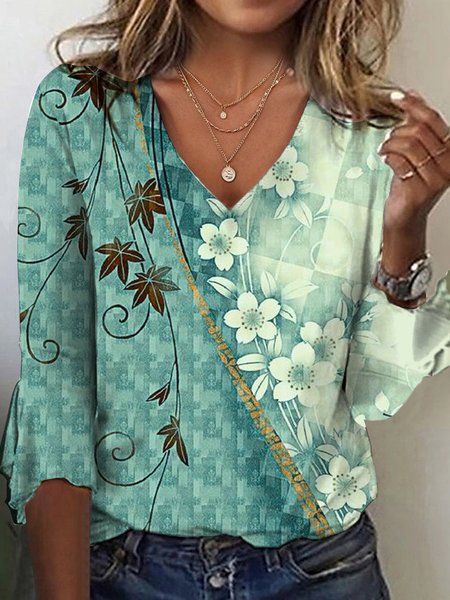 

Flare Sleeve V Neck Casual Floral Shirt, Green, Shirts & Blouses