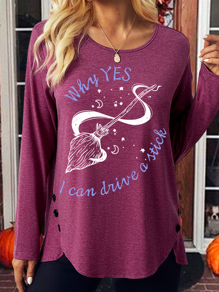 

Women's Funny Witch Halloween Graphic Casual Regular Fit Shirt, Wine red, Long sleeves