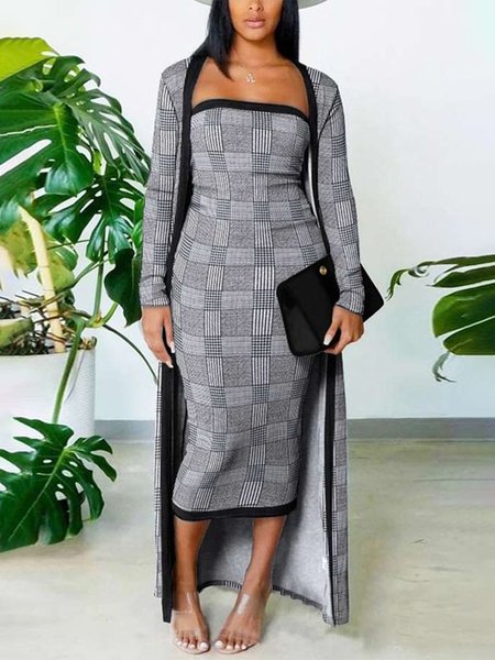 

Regular Fit Elegant Plaid Coat With Dress Two-Piece Set, Gray, Two-piece Set