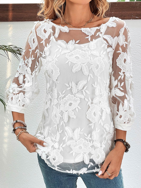 

Crew Neck Lace Plain Casual Shirt, White, Shirts & Blouses