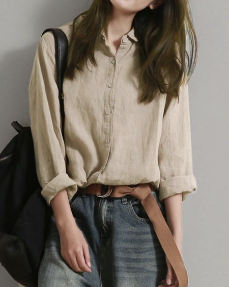 

Plain Buckle Long Sleeve Casual Blouse, Apricot, Blouses & Shirts