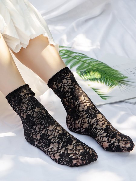 

1pair Lace & Mesh Mid-calf Socks For Women, Black, Socks