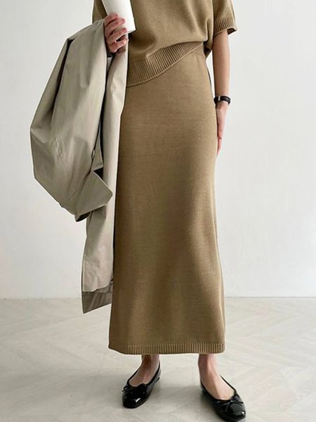 

Simple Regular Fit Urban Plain Sweater Skirt, Khaki, Skirts