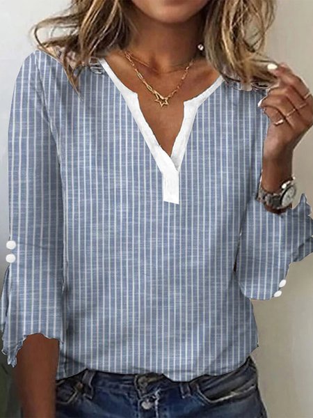 

Casual V Neck Ruffled Sleeves Shirt, Blue, T-Shirts