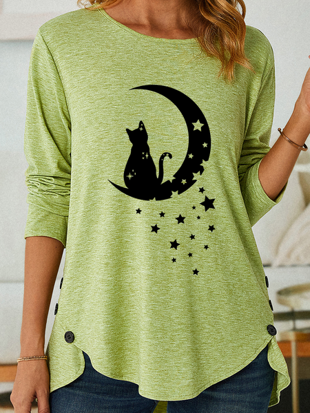 

Women's Cat Moon Casual Cotton-Blend Shirt, Green, Long sleeves