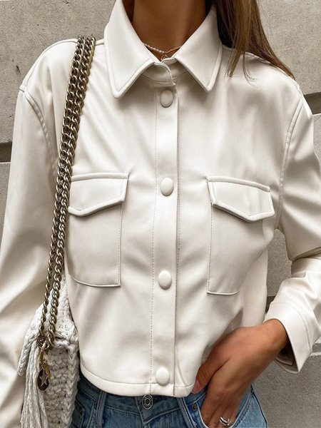 

Shawl Collar Long Sleeve Plain Buckle Regular Loose Pilot Leather & Faux Leather For Women 2023, White, Jackets