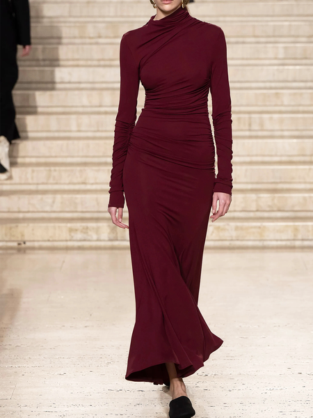 

Elegant Tight High Elasticity Long Sleeve Others Maxi Dress, Wine red, Maxi Dresses