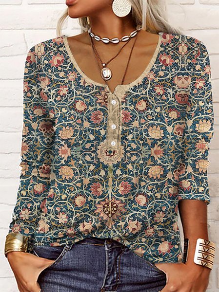 

Knitted Crew Neck Casual Ethnic Shirt, Blue, Shirts & Blouses
