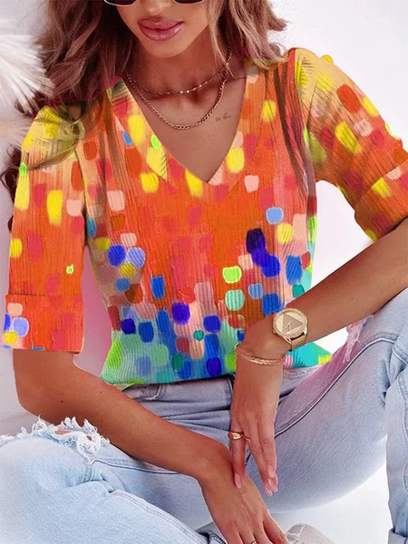 

V Neck Casual Ombre T-Shirt, Orange, T-Shirts