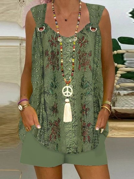 

Crew Neck Casual Ethnic Loose Two-Piece Set, Green, Suit Set