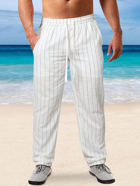 

Cotton-Blend Striped Loose Casual Pants, White, Pants