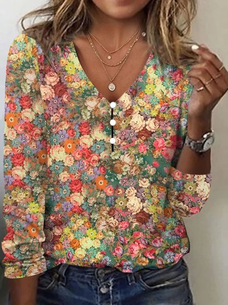 

Plus Size Casual Floral Loose T-Shirt, Multicolor, Long sleeves