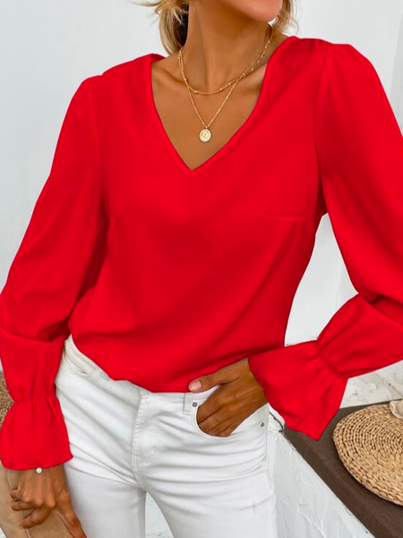 

Plain V Neck Casual Loose Flounce Sleeve V Neck Shirt, Red, Shirts & Blouses