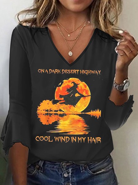 

Halloween V Neck Casual Knitted Loose T-Shirt, Black, T-Shirts