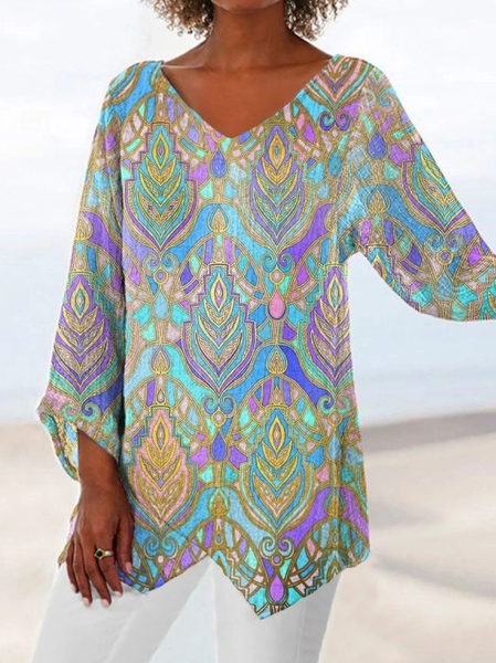 

V Neck Casual Loose Church Glass Shirt, Green, Shirts & Blouses