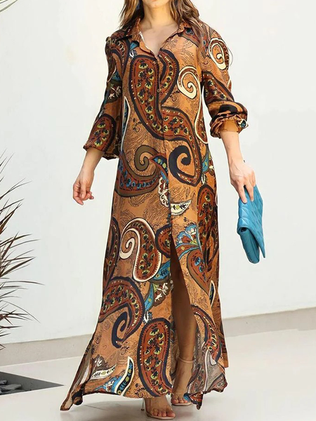 Loose Urban Shirt Collar Long Sleeve Maxi Dress, Brown, Maxi Dresses