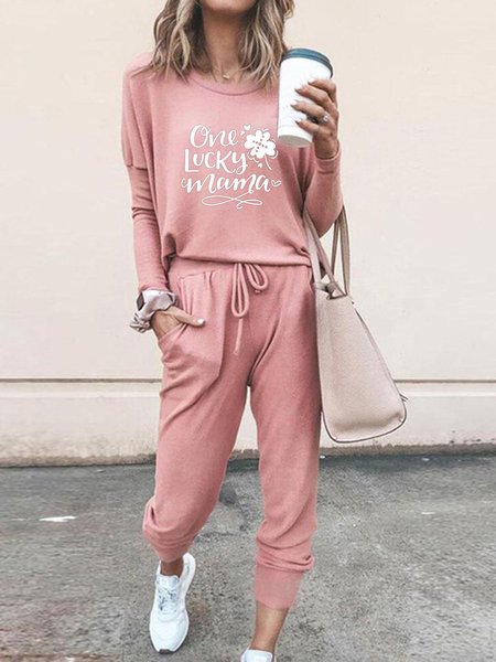 

Casual Plain Crew Neck Regular Fit Two-Piece Set, Color8, Suit Set