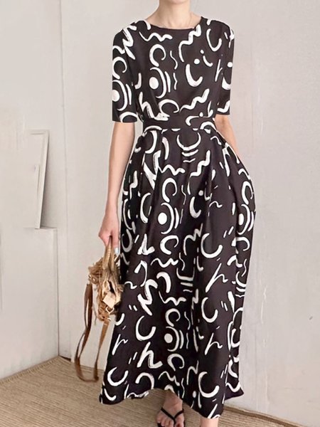 

Elegant Abstract Graphic Crew Neck Regular Fit Dress, Black, Maxi Dresses