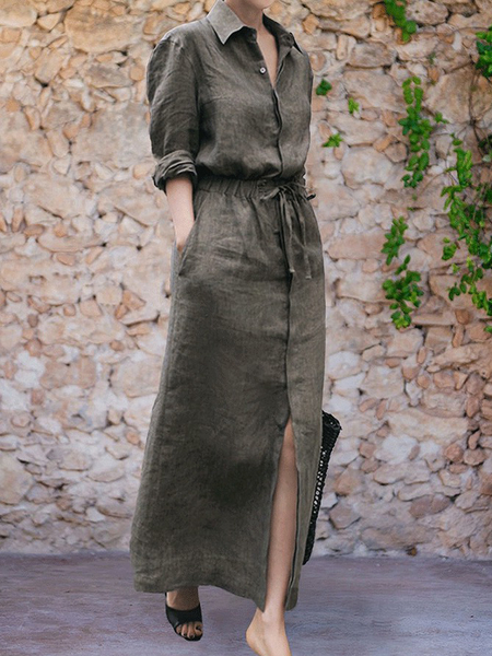 

Loose Long Sleeve Plain Urban Shirt Dress With Belt, As picture, Maxi Dresses