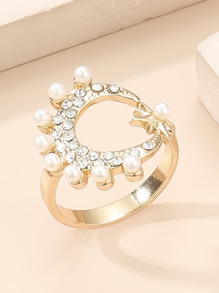 

Moon and Star Shape Imitation Pearl Rhinestone Adjustable Ring, As picture, Rings
