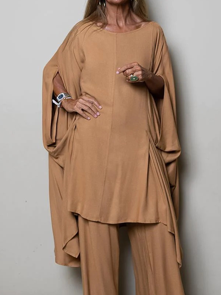 

High Elasticity Casual Crew Short Sleeve Neck Mid-long Shirt, Brown, Blouses and Shirts