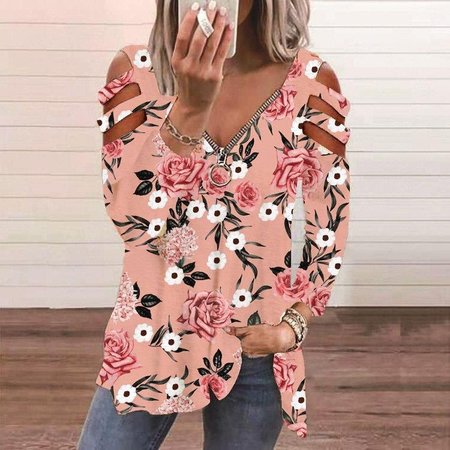

Women's Casual Floral V Neck Zip Long Sleeve Blouse Vacation Boho Clothing, Light pink, Shirts & Blouses