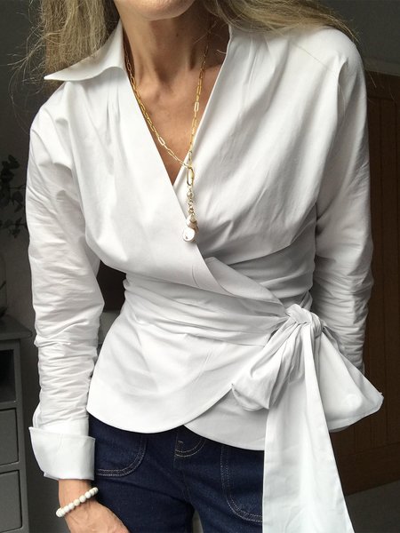 

Long Sleeve Urban Plain Regular Fit Blouse, White, Blouses and Shirts