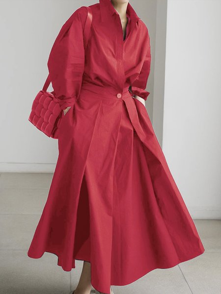 

Long Sleeve Plain Daily Urban Shirt Collar Dress, Red, Maxi Dresses
