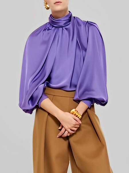 

Elegant Loose Plain Turtleneck Shirt, Purple, Blouses and Shirts
