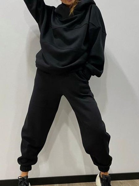 Casual Plain Hoodie Loose Two-Piece Set, Black, Suit Set