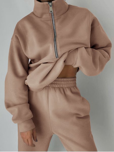 

Casual Plain Stand Collar Two-Piece Set, Khaki, Suit Set