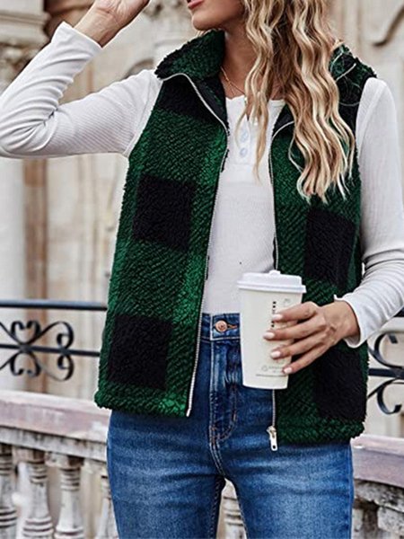 

Casual Plaid Shawl Collar Vest, Green, Vests & Gilets