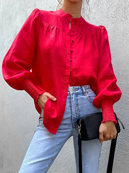 

Lightweight Urban Loose Stand Collar Long Sleeve Plain Blouse, Red, Blouses and Shirts